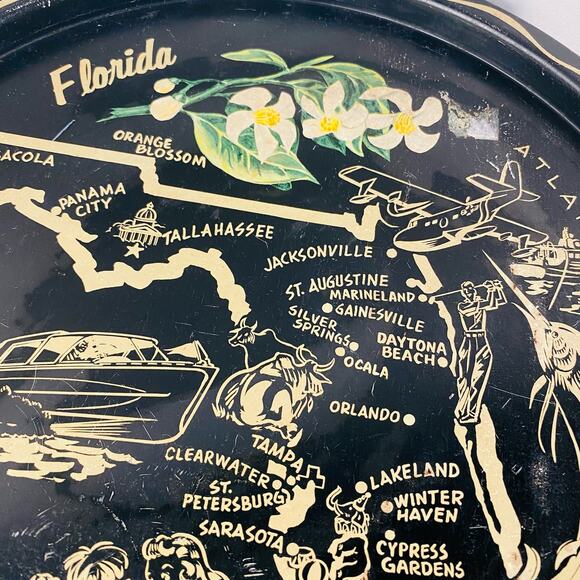 Vintage Florida Round Metal Tin Sourvenir Travel Map Trays Retro Decor 10.5" GUC - Picture 4 of 11